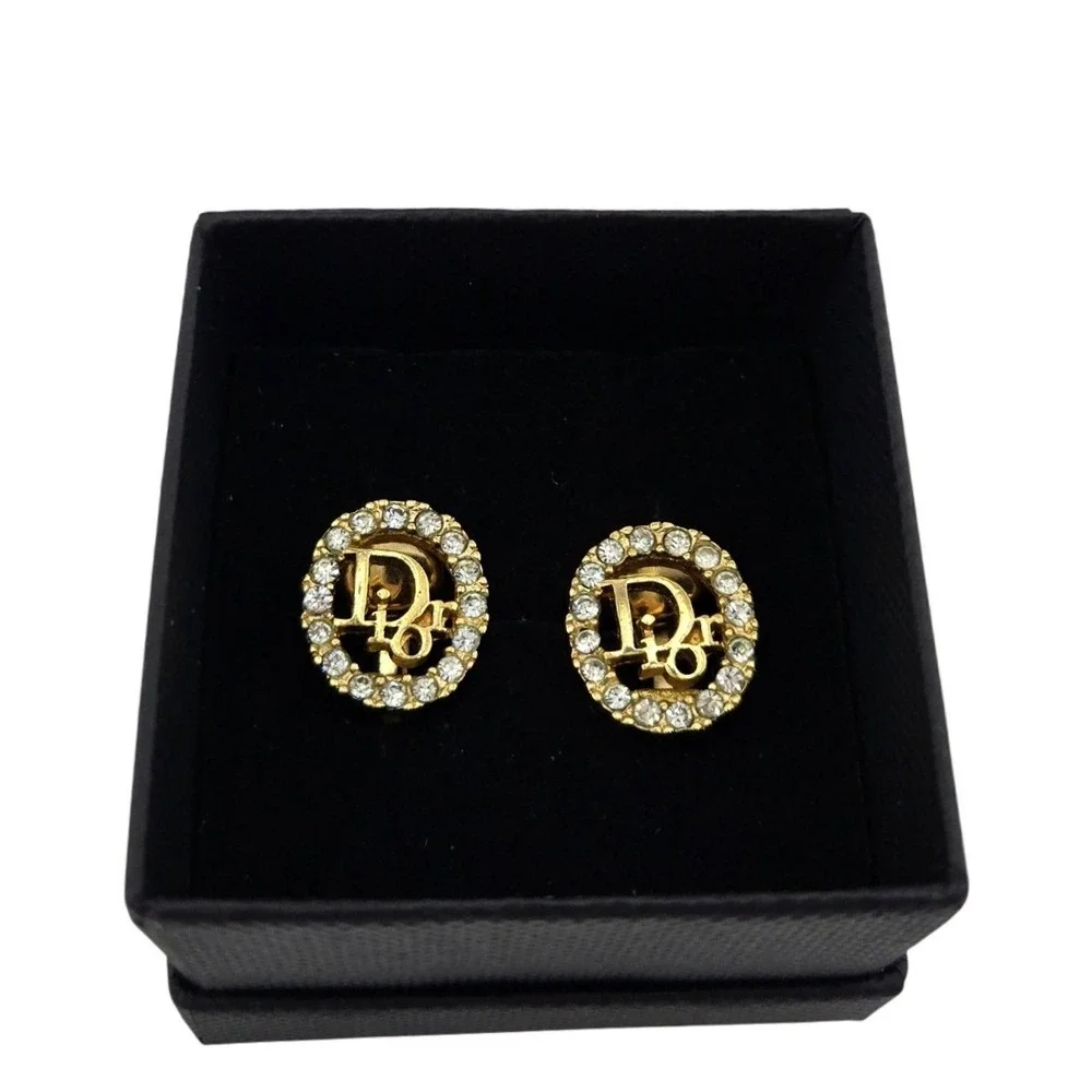 Vintage Christian Dior Gold Tone Crystal Logo Oval Clip On Earrings Germany